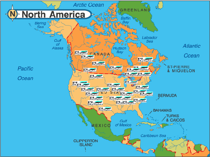 A map of PL SKYLIGHTS in North America Dealers